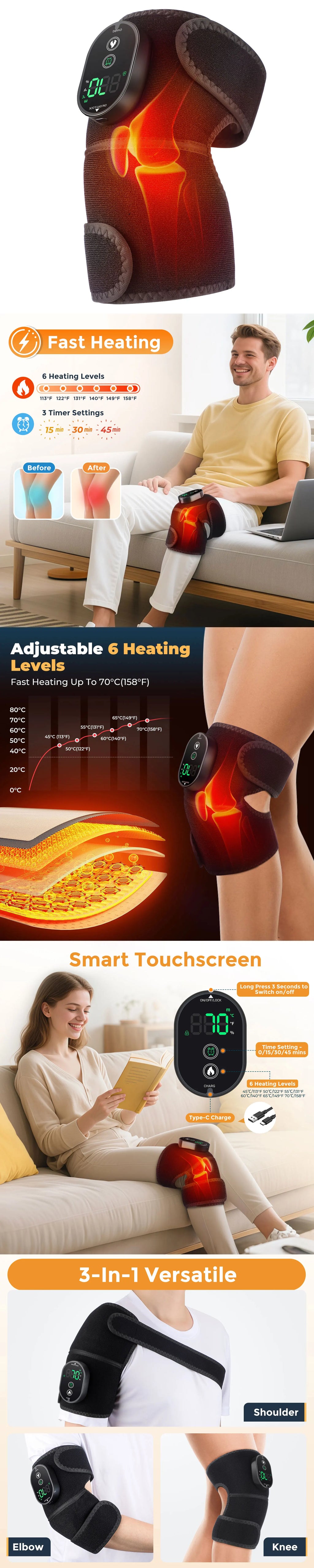 Electric Heated Vibration Knee Massage Pad 3 in 1 Massager for Shoulder Elbow Hot Compress Thermal Joint Brace Muscle Relaxation