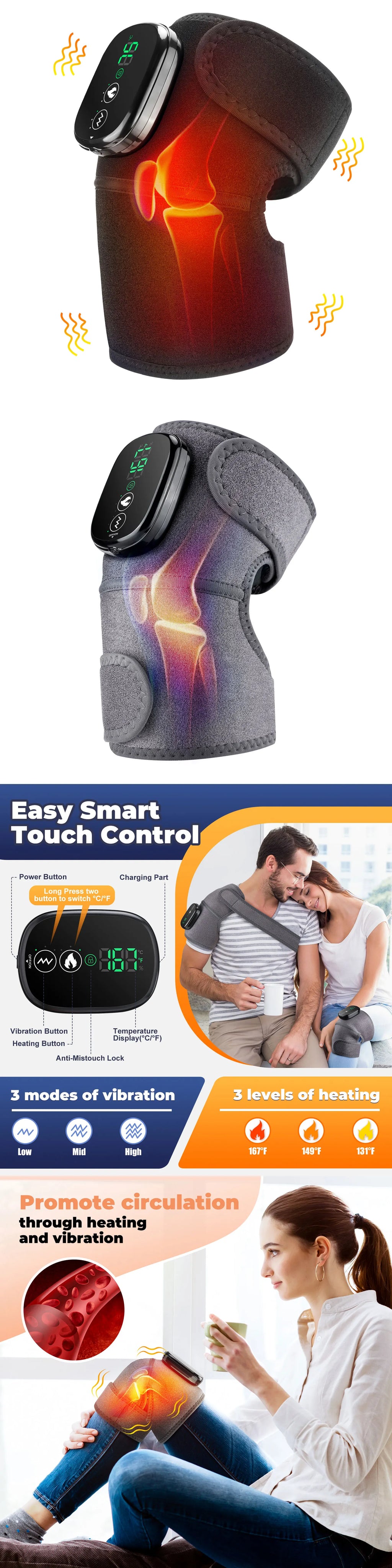 Electric Heated Vibration Knee Massage Pad 3 in 1 Massager for Shoulder Elbow Hot Compress Thermal Joint Brace Muscle Relaxation