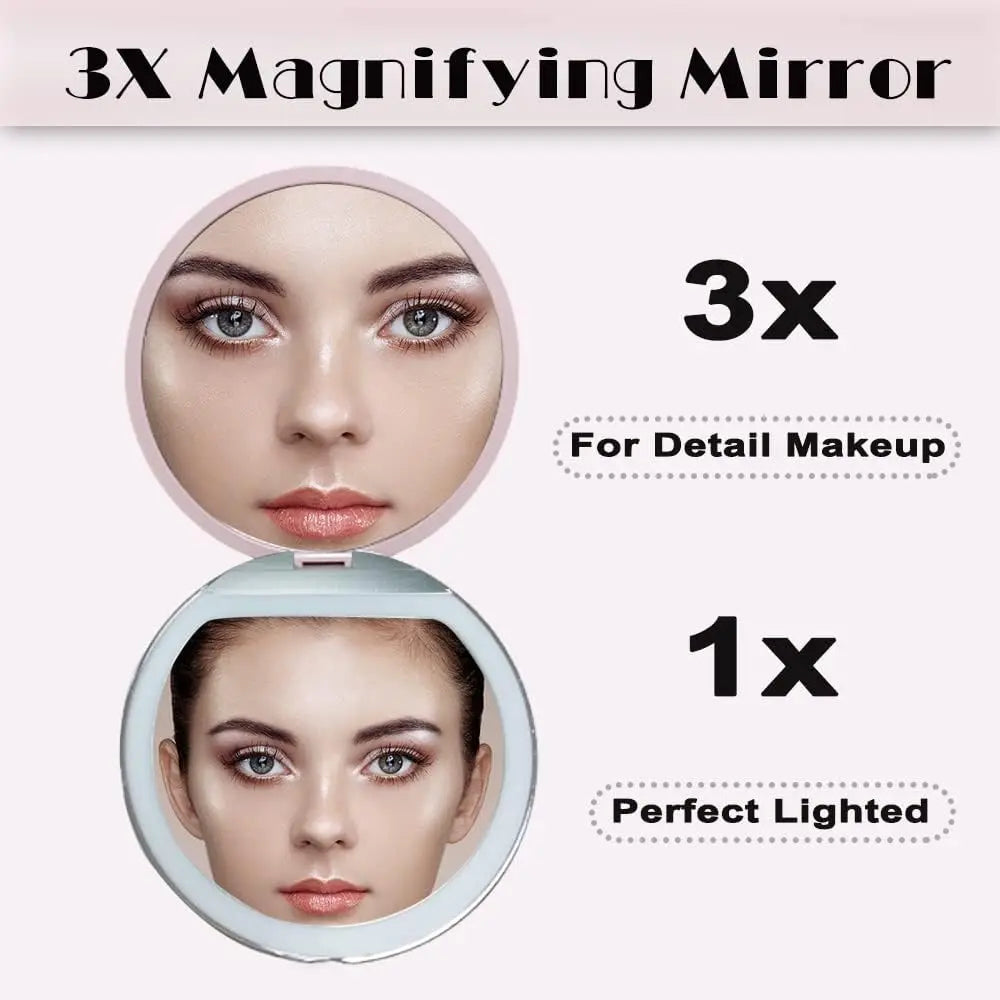 LED Compact Mirror with Lights 1X/3X Magnification Pocket Mirror with Rechargeable Travel Portable Handheld Mirror for Gifts