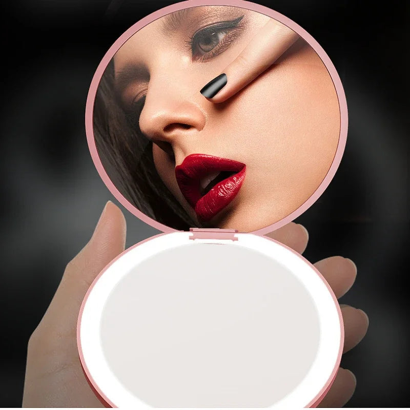 Small LED Light Cosmetic 2 Side Folding Makeup Compact Pocket Mirror Women Luminous Effect Pink White Mini Mirror