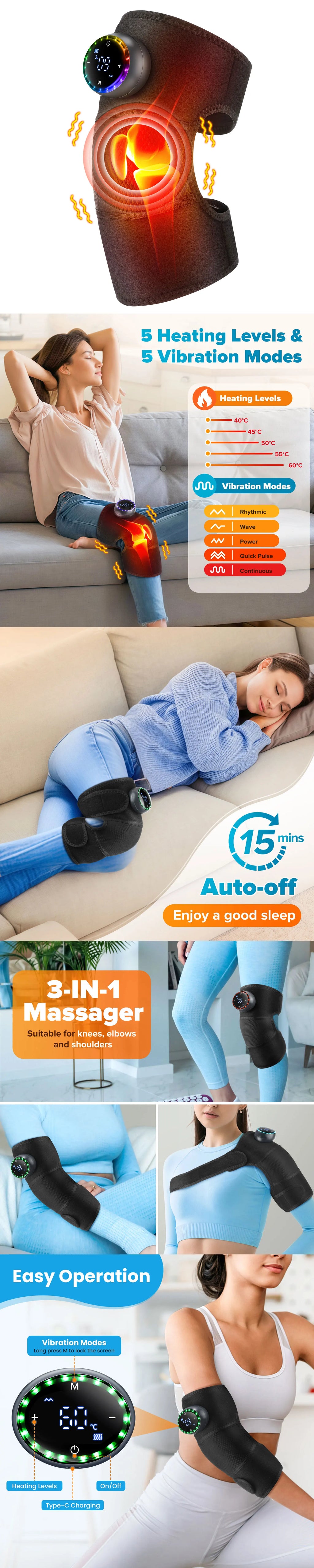 Electric Heated Vibration Knee Massage Pad 3 in 1 Massager for Shoulder Elbow Hot Compress Thermal Joint Brace Muscle Relaxation