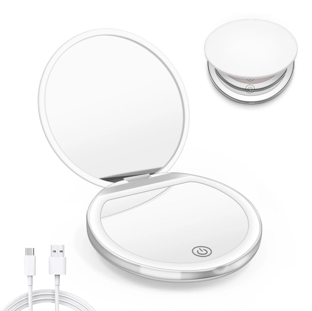 LED Compact Mirror with Lights 1X/3X Magnification Pocket Mirror with Rechargeable Travel Portable Handheld Mirror for Gifts