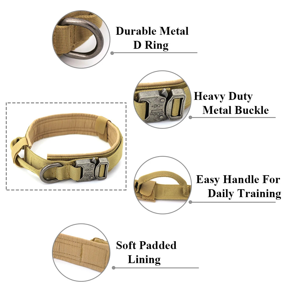 Heavy Duty Tactical Dog Collars with Handle Military Collar with Patch Outdoor Training and Walking for Medium and Large Dogs