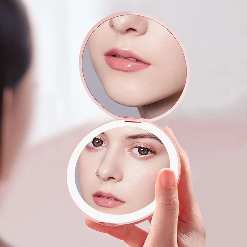 Small LED Light Cosmetic 2 Side Folding Makeup Compact Pocket Mirror Women Luminous Effect Pink White Mini Mirror