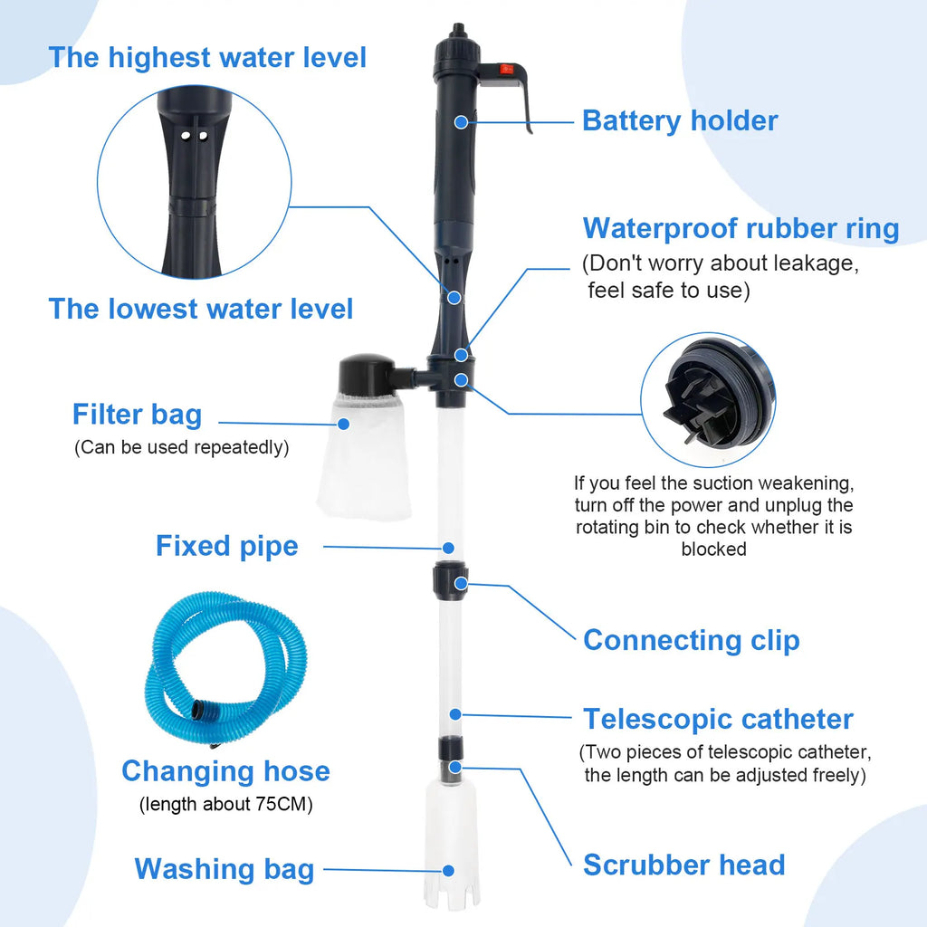Electric Aquarium Siphon Cleaner Fish Tank Vacuum Gravel Cleaning Tool Water Changer with Air-Pressing Button Aquarium Accessory